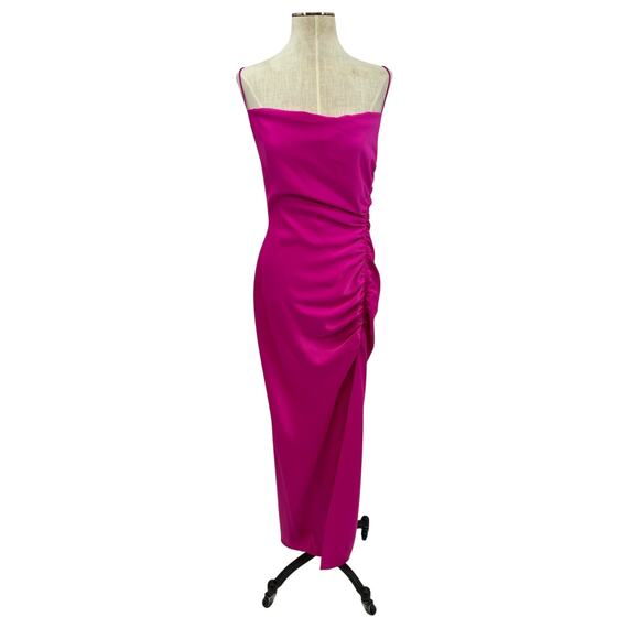 Bhldn Jennings Satin Dress Cowl-Neck‎ Ruched Side-Slit Satin Gown Fuchsia Size 4 - Picture 2 of 16
